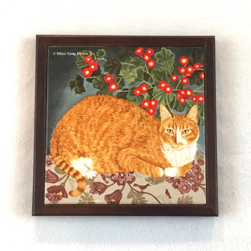Mimi Vang Olsen Vintage Orange Cat Kitten Floral Tile Trivet Wood Frame